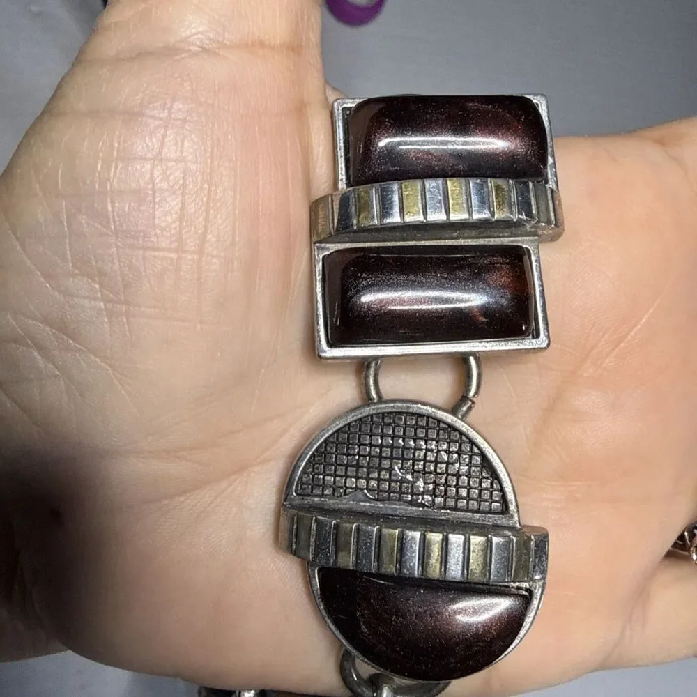 Vintage Chico's Metallic Silver Leather Geometric Cabochons Chain Hip Belt S/M